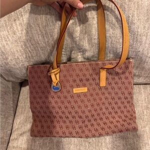 Dooney & Bourke Burgundy Logo Tote with Tan Leather Handles